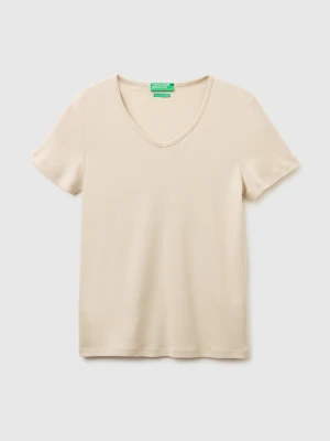 Benetton, Slim Fit T-shirt With V-neck, Size: XXS, Beige, Women United Colors of Benetton
