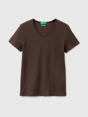 Benetton, Slim Fit T-shirt With V-neck, Size: XXS, Brown, Women United Colors of Benetton