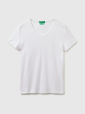 Benetton, Slim Fit T-shirt With V-neck, Size: XXS, White, Women United Colors of Benetton