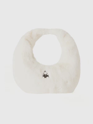 Benetton, Small Crescent Moon Bag In Faux Fur, size OS, Creamy White, Women United Colors of Benetton