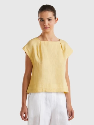 Benetton, Square Neck Blouse In Pure Linen, size L, Yellow, Women United Colors of Benetton