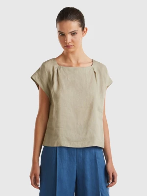 Benetton, Square Neck Blouse In Pure Linen, size M, Light Green, Women United Colors of Benetton