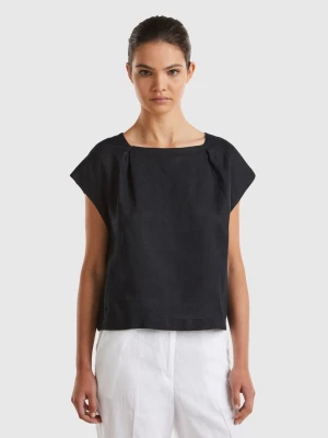 Benetton, Square Neck Blouse In Pure Linen, size XL, Black, Women United Colors of Benetton