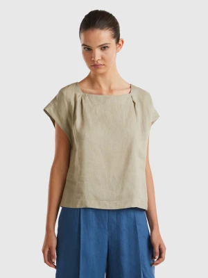 Benetton, Square Neck Blouse In Pure Linen, size XL, Light Green, Women United Colors of Benetton