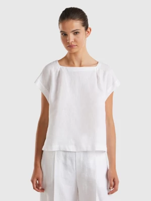 Benetton, Square Neck Blouse In Pure Linen, size XL, White, Women United Colors of Benetton