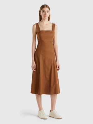 Benetton, Square-neck Dress In Linen Blend, size L, Brown, Women United Colors of Benetton