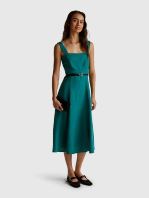 Benetton, Square Neck Dress In Pure Linen, size XXS, Dark Green, Women United Colors of Benetton