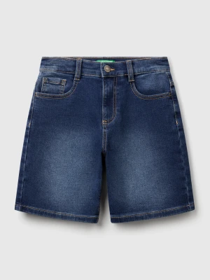 Benetton, Straight Bermuda Shorts In Stretch Denim, Size: XL, Dark Blue, Kids United Colors of Benetton