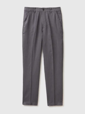 Benetton, Straight Chinos In Pure Linen, Size: 54, Gray, Men United Colors of Benetton