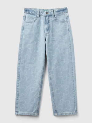 Benetton, Straight Fit Jeans With Flowers, size L, Sky Blue, Kids United Colors of Benetton