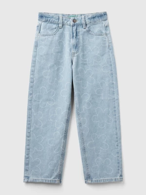 Benetton, Straight Fit Jeans With Flowers, size M, Sky Blue, Kids United Colors of Benetton
