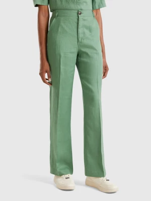 Benetton, Straight Leg Trousers In Pure Linen, size , Green, Women United Colors of Benetton