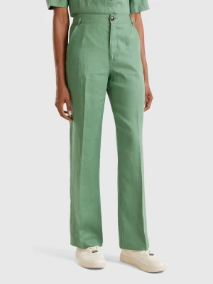 Benetton, Straight Leg Trousers In Pure Linen, size , Green, Women United Colors of Benetton