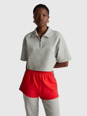 Benetton, Stranger Things Cropped Polo With Zip, Size: XS, Light Gray, Women United Colors of Benetton