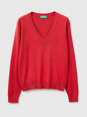 Benetton, Strawberry Red V-neck Sweater In Tricot Cotton, Size: XS, Strawberry, Women United Colors of Benetton