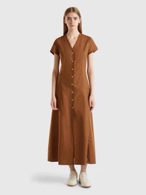 Benetton, Stretch Cotton And Linen Blend Dress, size XXS, Brown, Women United Colors of Benetton