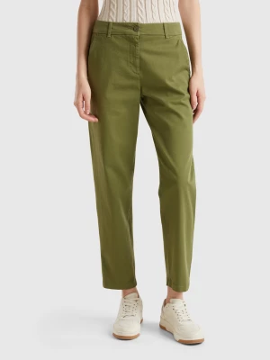 Benetton, Stretch Cotton Chino Trousers, size , Military Green, Women United Colors of Benetton