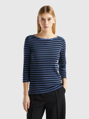 Benetton, Striped 3/4 Sleeve T-shirt In 100% Cotton, size L, Air Force Blue, Women United Colors of Benetton