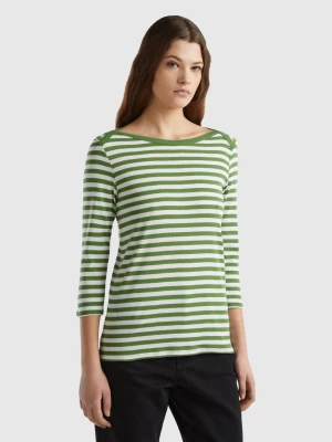 Benetton, Striped 3/4 Sleeve T-shirt In 100% Cotton, size L, Green, Women United Colors of Benetton