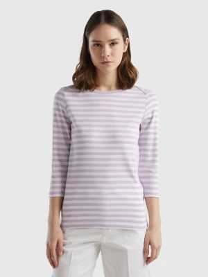Benetton, Striped 3/4 Sleeve T-shirt In 100% Cotton, size L, Lilac, Women United Colors of Benetton