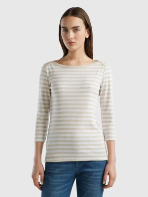 Benetton, Striped 3/4 Sleeve T-shirt In 100% Cotton, size M, Beige, Women United Colors of Benetton