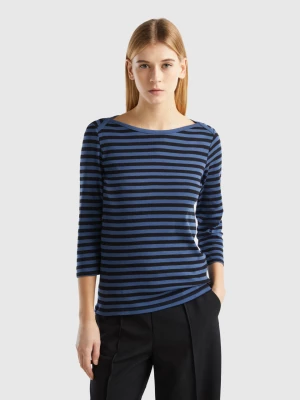 Benetton, Striped 3/4 Sleeve T-shirt In 100% Cotton, size XS, Air Force Blue, Women United Colors of Benetton