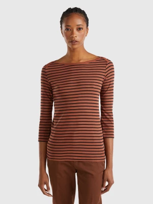 Benetton, Striped 3/4 Sleeve T-shirt In Pure Cotton, size L, Brown, Women United Colors of Benetton