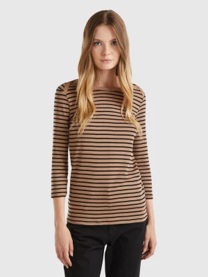 Benetton, Striped 3/4 Sleeve T-shirt In Pure Cotton, size L, Camel, Women United Colors of Benetton