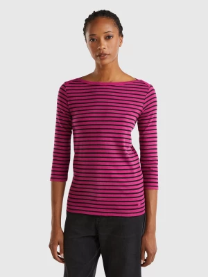 Benetton, Striped 3/4 Sleeve T-shirt In Pure Cotton, size L, Cyclamen, Women United Colors of Benetton