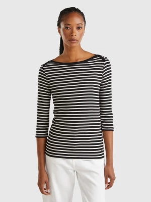 Benetton, Striped 3/4 Sleeve T-shirt In Pure Cotton, size M, Black, Women United Colors of Benetton