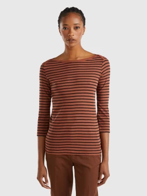 Benetton, Striped 3/4 Sleeve T-shirt In Pure Cotton, size M, Brown, Women United Colors of Benetton