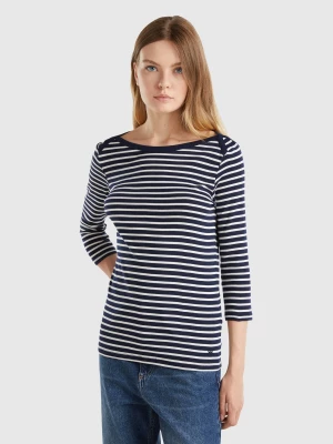 Benetton, Striped 3/4 Sleeve T-shirt In Pure Cotton, size M, Dark Blue, Women United Colors of Benetton