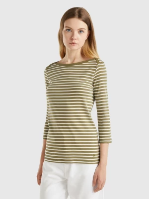 Benetton, Striped 3/4 Sleeve T-shirt In Pure Cotton, size XL, Military Green, Women United Colors of Benetton