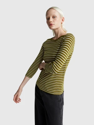Benetton, Striped 3/4 Sleeve T-shirt In Pure Cotton, Size: XL, Military Green, Women United Colors of Benetton