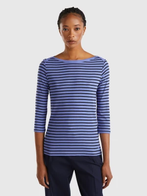 Benetton, Striped 3/4 Sleeve T-shirt In Pure Cotton, size XL, Periwinkle, Women United Colors of Benetton