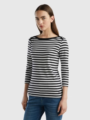 Benetton, Striped 3/4 Sleeve T-shirt In Pure Cotton, size XS, Black, Women United Colors of Benetton
