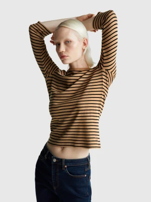 Benetton, Striped 3/4 Sleeve T-shirt In Pure Cotton, size XXS, Camel, Women United Colors of Benetton