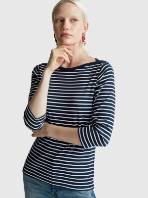 Benetton, Striped 3/4 Sleeve T-shirt In Pure Cotton, size XXS, Dark Blue, Women United Colors of Benetton