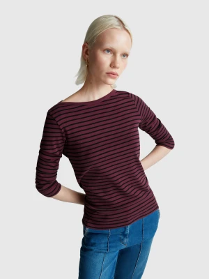 Benetton, Striped 3/4 Sleeve T-shirt In Pure Cotton, Size: XXS, Burgundy, Women United Colors of Benetton