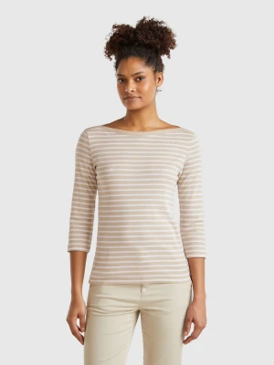 Benetton, Striped 3/4 Sleeve T-shirt In Pure Cotton, size XXS, Beige, Women United Colors of Benetton