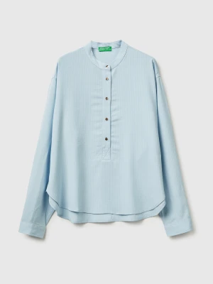 Benetton, Striped Blouse With Mandarin Collar, Size: XS, Light Blue, Women United Colors of Benetton
