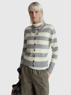 Benetton, Striped Cardigan In Pure Shetland Wool, Size: XXS, Light Gray, Women United Colors of Benetton