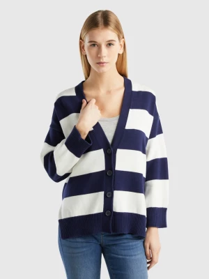 Benetton, Striped Cardigan In Tricot Cotton, size M, Dark Blue, Women United Colors of Benetton