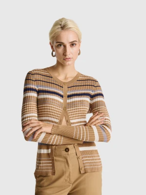 Benetton, Striped Cardigan In Viscose Blend, Size: XXS, Camel, Women United Colors of Benetton