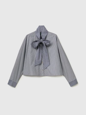 Benetton, Striped Crop Shirt With Bow, Size: XS, Dark Blue, Women United Colors of Benetton