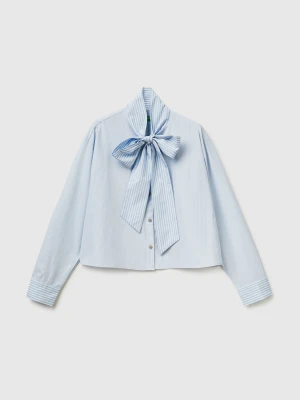 Benetton, Striped Crop Shirt With Bow, Size: XS, Light Blue, Women United Colors of Benetton