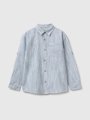 Benetton, Striped Linen Blend Shirt, Size: XL, Light Blue, Kids United Colors of Benetton