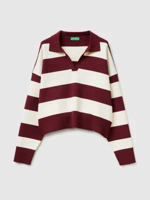Benetton, Striped Polo Shirt, Size: XS, Burgundy, Women United Colors of Benetton