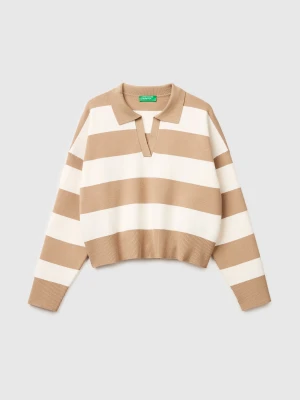 Benetton, Striped Polo Shirt, Size: XS, Camel, Women United Colors of Benetton