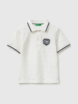 Benetton, Striped Polo Shirt With Patch, Size: 116, Creamy White, Kids United Colors of Benetton